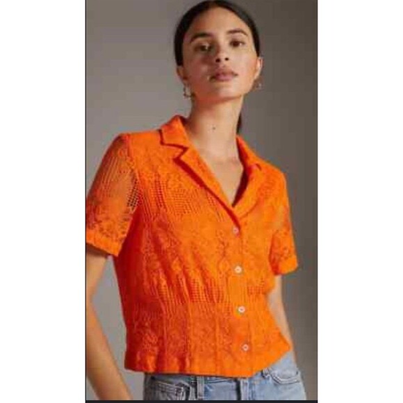 Anthropologie Maeve Lace Buttondown Top size S new nwt  ORANGE color - Picture 1 of 7